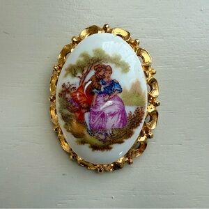 Vintage Limoges France Fragonard Courting Couple Porcelain Brooch Gold Tone Rare